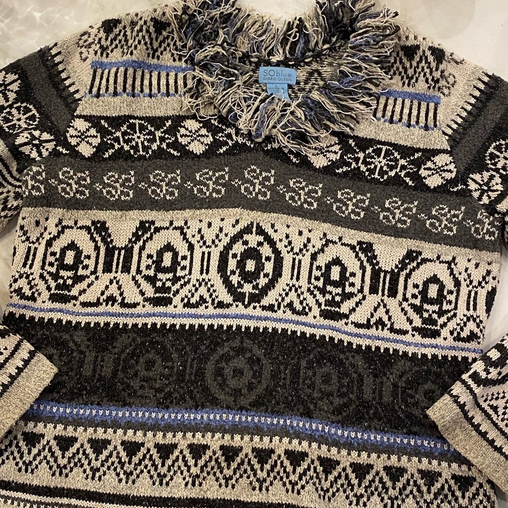 Sigrid Olsen sweater fringe cozy loose unstructured M L